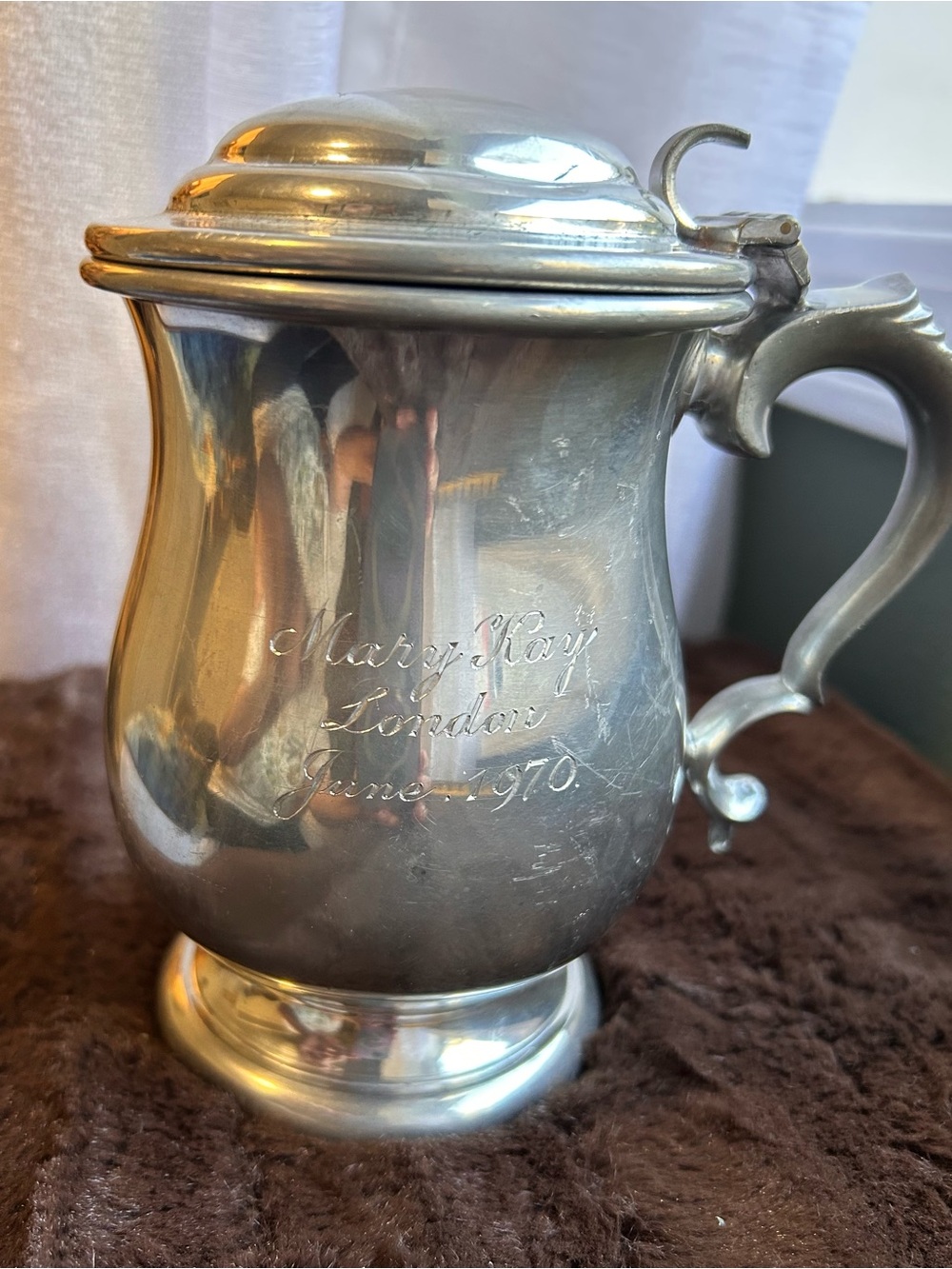 20th Century Beer Stein or mug Solid Pewter made in England engraved 1970